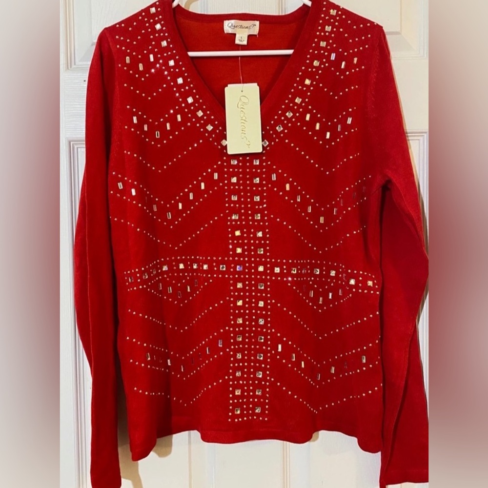 New Long Sleeve Red Studded Sweater Blouse 
XL